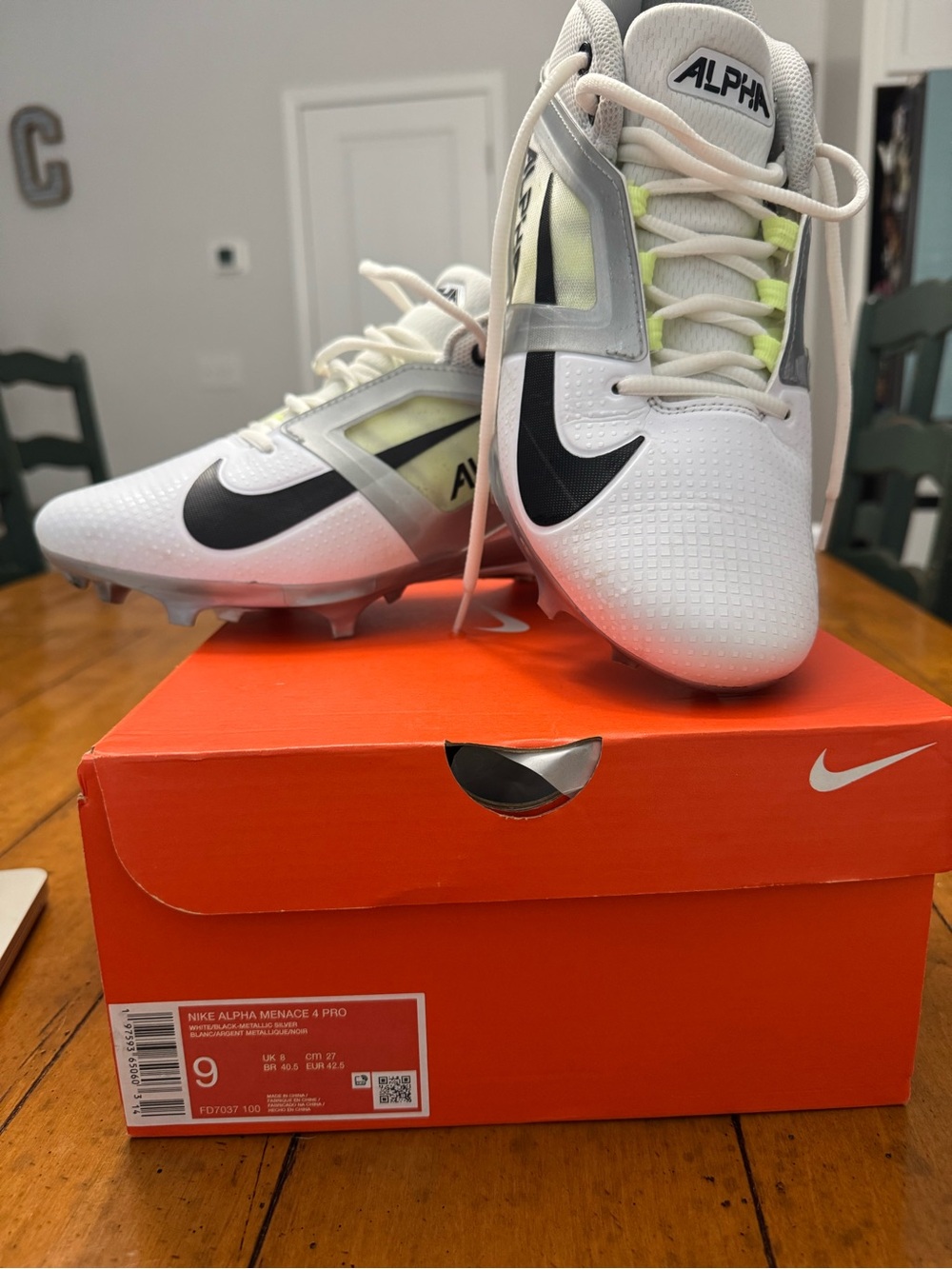 Nike Men’s Alpha Cleats in White, Black and Neon Yellow